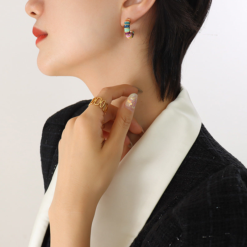 - Temperament geometric simple bamboo earrings, niche design drip rainbow C-shaped earrings multi-color stud earrings pp