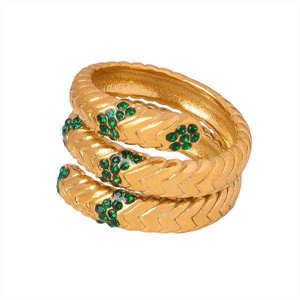 New fashion light luxury retro titanium steel gold-plated with colored diamonds multi-layer texture personalized opening ring jewelry women