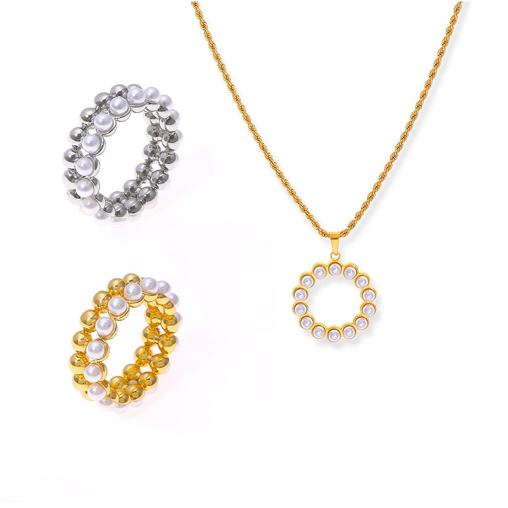 Hepburn style temperament elegant gentle bead personality jewelry versatile multi-layer design copper ring titanium steel necklace