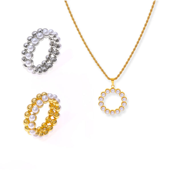 Hepburn style temperament elegant gentle bead personality jewelry versatile multi-layer design copper ring titanium steel necklace