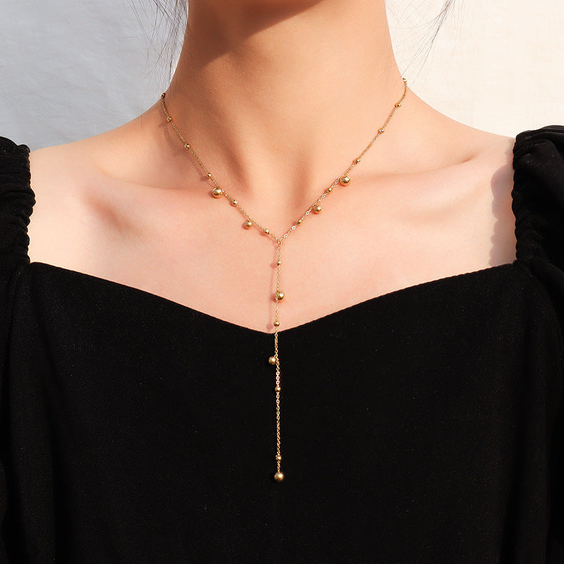 Cold wind trend round beads long fringed necklace women's collarbone neck chain sweater chain titanium steel jewelry P794