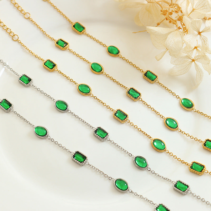 Niche design court style accessories Douyin same jewelry emerald zircon inlaid titanium steel gold-plated bracelet 99