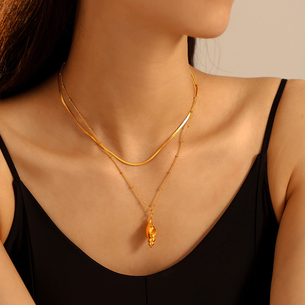 Conch inlaid imitation pearl collarbone necklace women's titanium steel 18k plated real gold niche versatile necklace wholesale 99