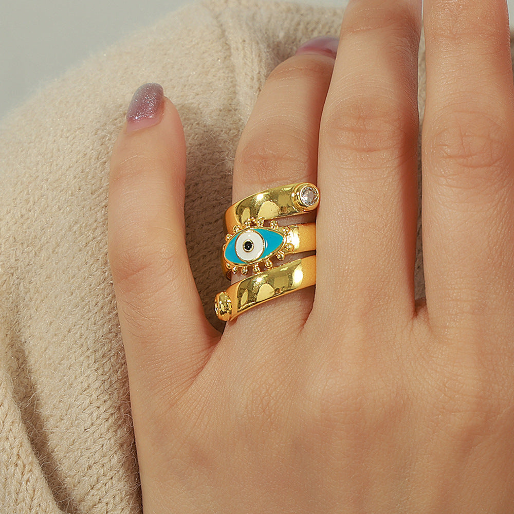 New fashionable retro personalized copper material eye twist enamel color glaze inlaid zircon open ring jewelry pp