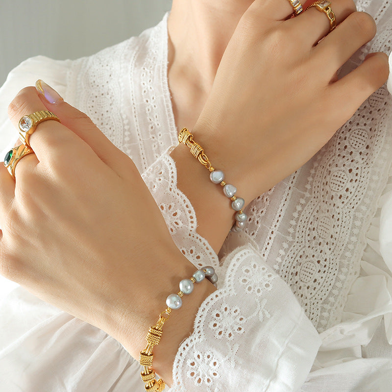 Hip-hop non-fading copper chain with gray freshwater pearl bracelet creative hand jewelry women's 99