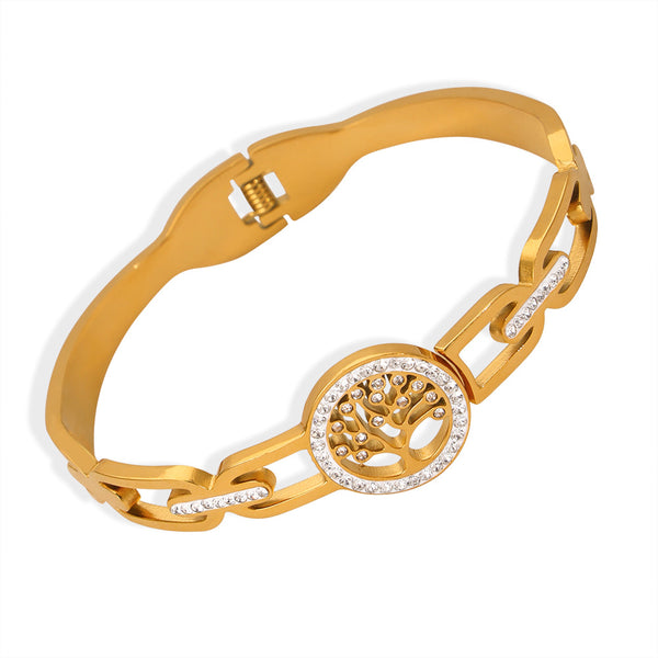 New retro style fashion personalized design titanium steel gold-plated diamond-encrusted tree of the world buckle bracelet jewelry wholesale female pp