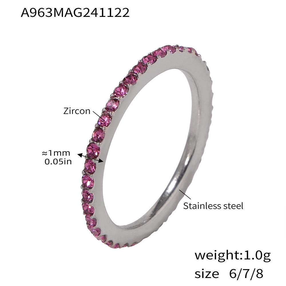 1.5mm ultra-fine full diamond zircon ring niche couple ring PVD plated 18K real gold does not fade tail ring