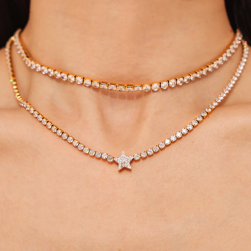 Vintage new geometric star pendant necklace inlaid with zircon titanium steel plated 18k gold collarbone chain jewelry
