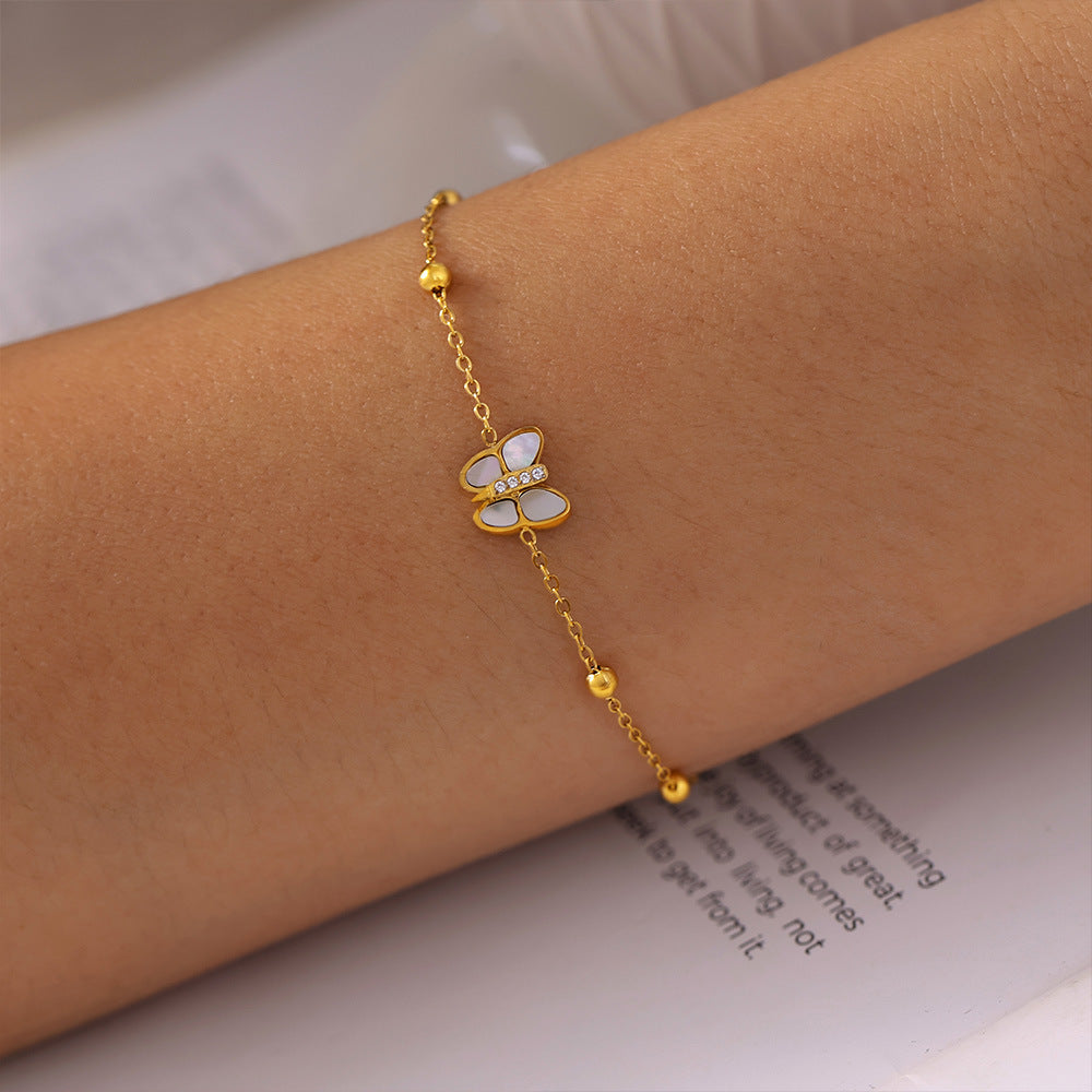 Light luxury niche butterfly bead bracelet, natural fritillary inlaid 3A zircon titanium steel plated 18k real gold, beautiful color retention women 99