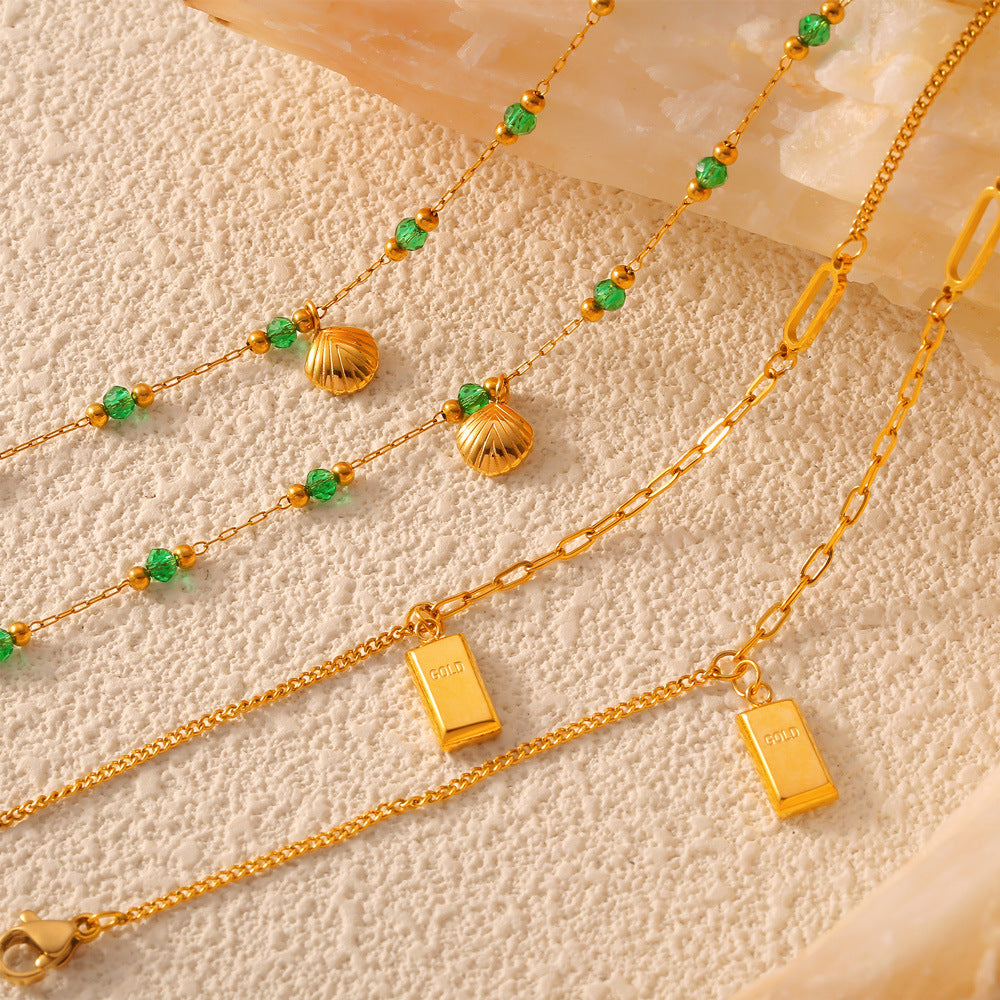 Casual style retro shell small gold brick pendant niche green beaded design temperament titanium steel gold-plated anklet
