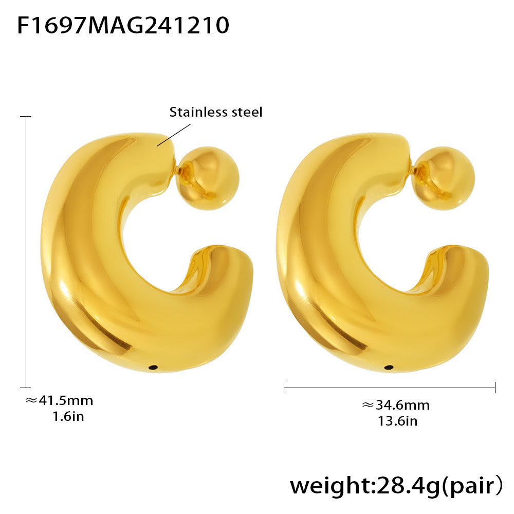 C-type hollow high-texture fine-polished steel ball two-wear stud earrings PVD-plated 18K real gold personalized ear jewelry