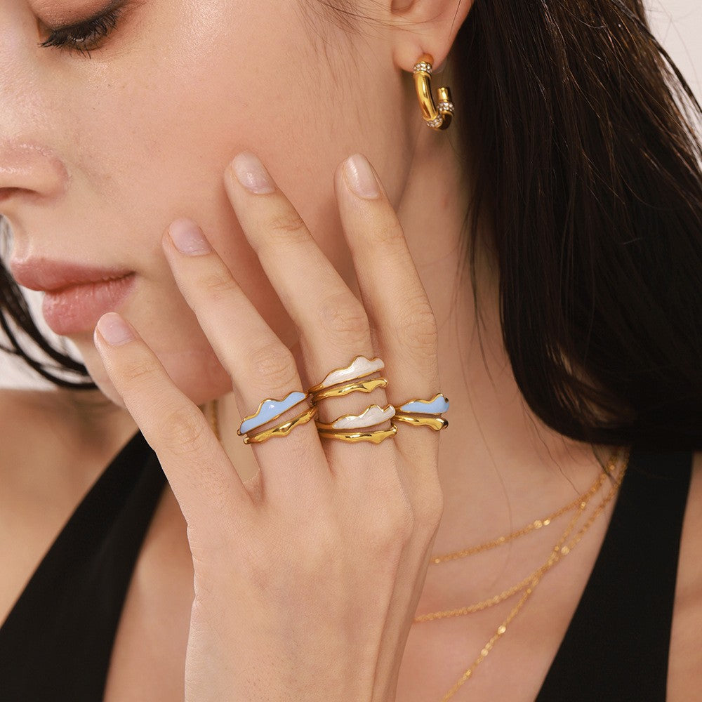 Weight color glaze double layer wave ring temperament creative opening stainless steel plated real gold does not fade jewelry women