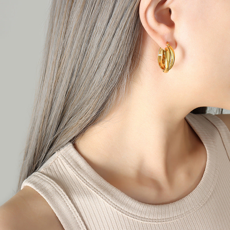 Cold wind and harbor style temperament double spell U shape earrings titanium steel plated 18k gold personalized earrings female F375