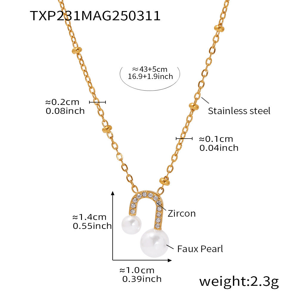 U-shaped bead zircon necklace stud earrings niche design sense light luxury fashion clavicle chain earrings titanium steel set