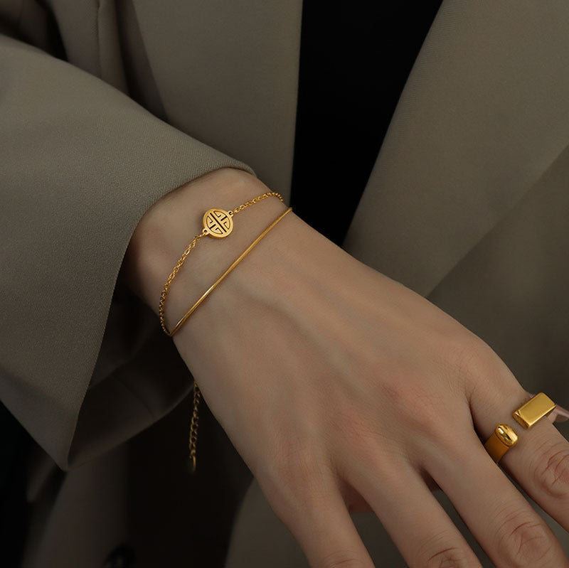 Bracelet Internet celebrity trendy round brand happy character double layer snake chain bracelet titanium steel 18k gold bracelet