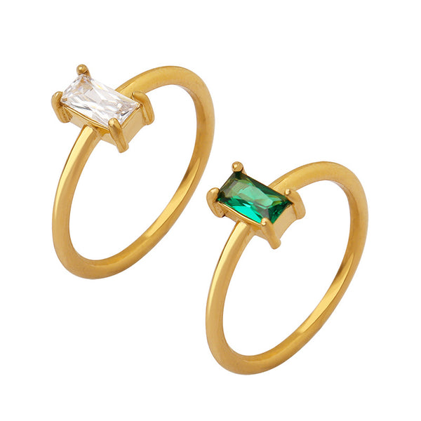 Simple and compact plain ring finger ring inlaid square white-green zircon ring niche design non-fading jewelry
