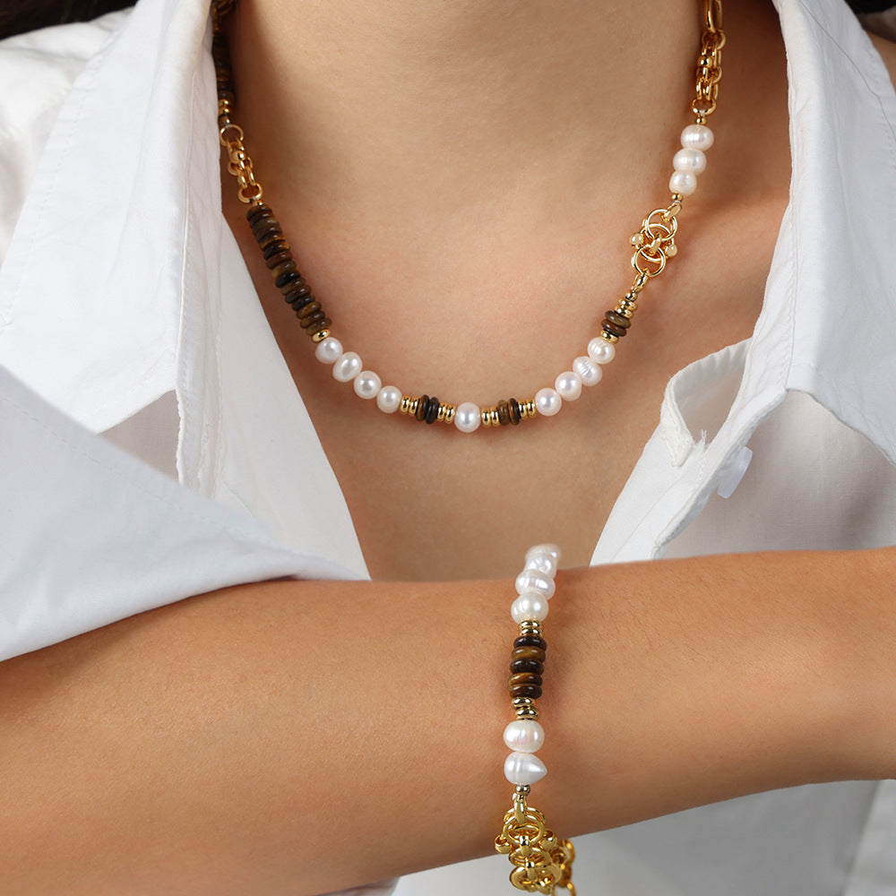 New court style light luxury retro natural tiger's eye stone freshwater pearl handmade beaded necklace bracelet jewelry
