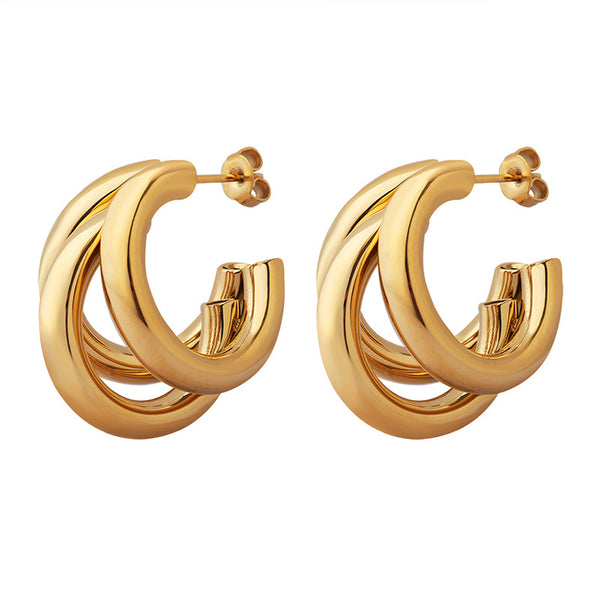 Niche design sense summer accessories personality tide three-layer C-shaped hollow tube titanium steel gold-plated earrings 99