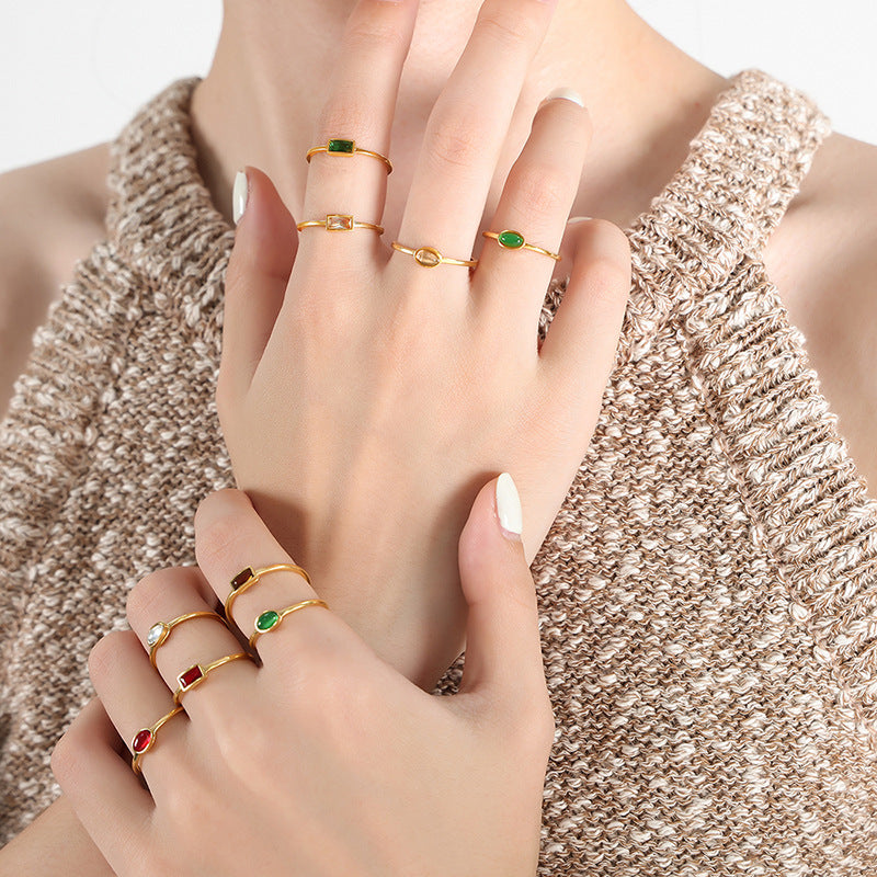 Personalized titanium steel gold-plated ring inlaid with colorful spar women's ring