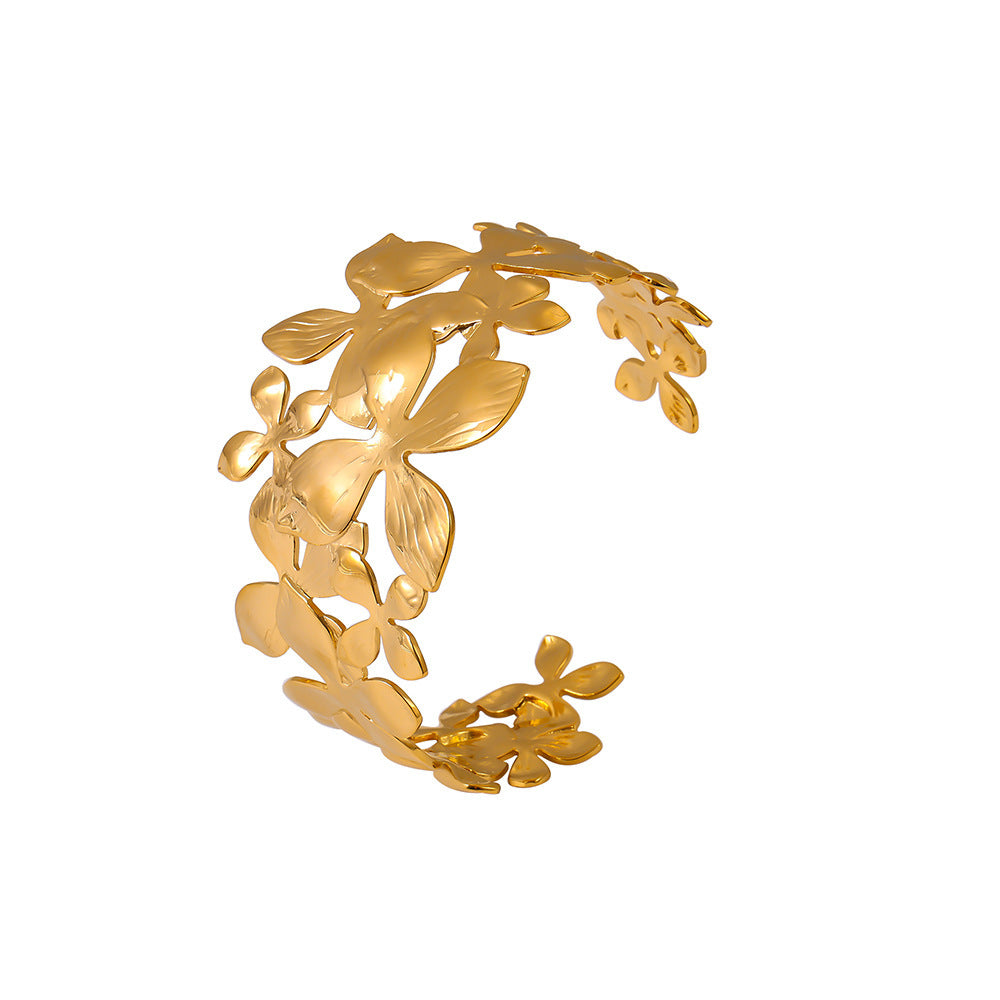 Flower wide version open bracelet stainless steel PVD electroplating real gold fashionable and popular cross-border special supply