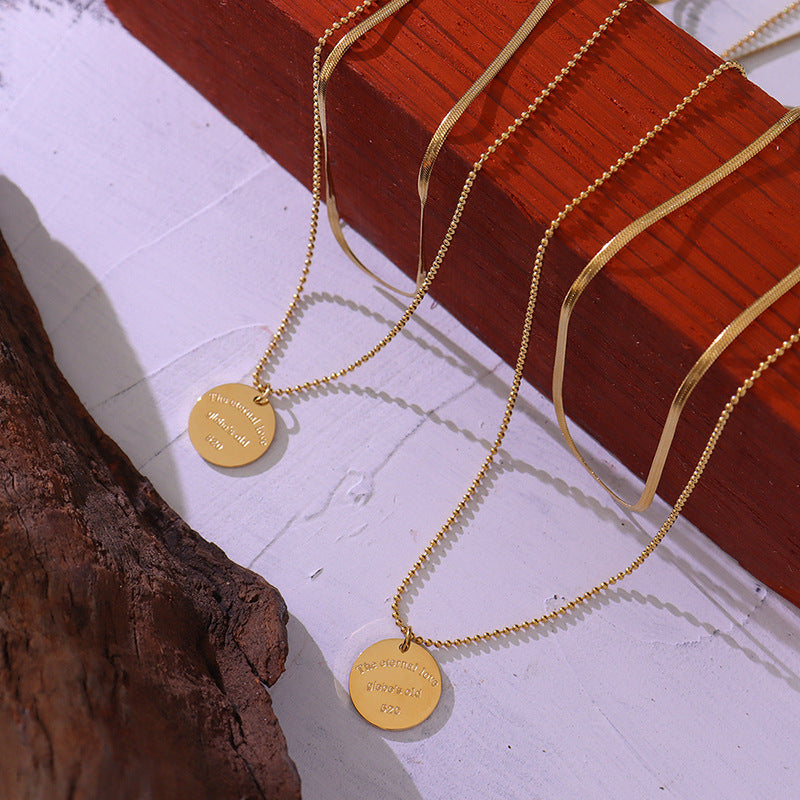 Niche Versatile Temperament Sweater Chain, English Letter Round Brand Pendant Double Chain Titanium Steel Gold Plated Necklace
