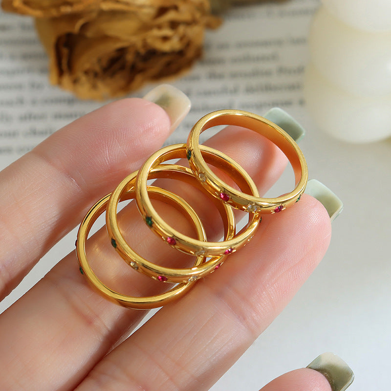 New titanium steel plain ring ring, stainless steel gold-plated inlaid red, white and green zircon ring trendy personalized accessories pp
