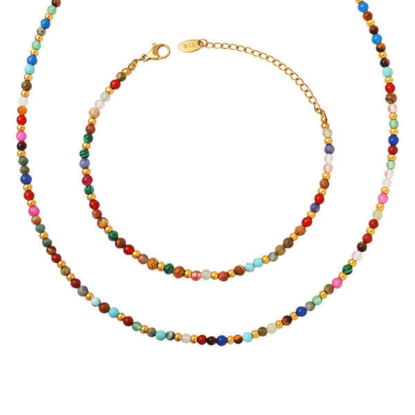 Colorful natural stone titanium steel beaded personalized accessories bohemian ethnic style necklace fashion bracelet jewelry set 99