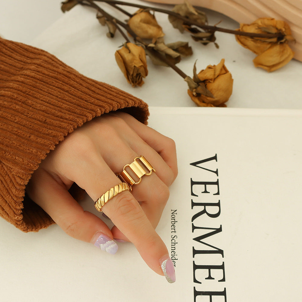 Cold wind light luxury fashion geometric plain ring, titanium steel plated 18K real gold retro hand jewelry 99