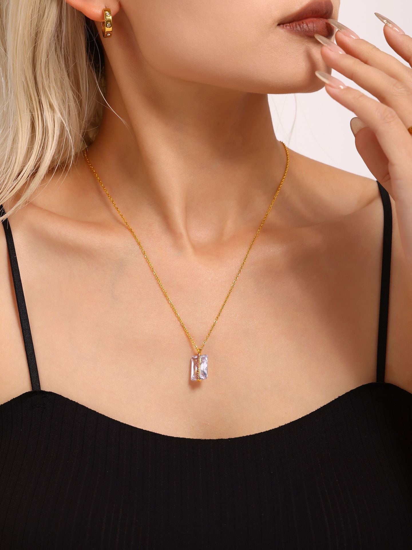 Full diamond oversized rectangular zircon collarbone necklace stainless steel PVD electroplating 18K real gold jewelry wholesale pp