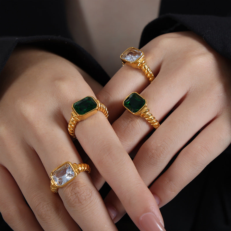 Internet celebrity textured inlaid shining section rectangular zircon light luxury personality high sense titanium steel ring 99
