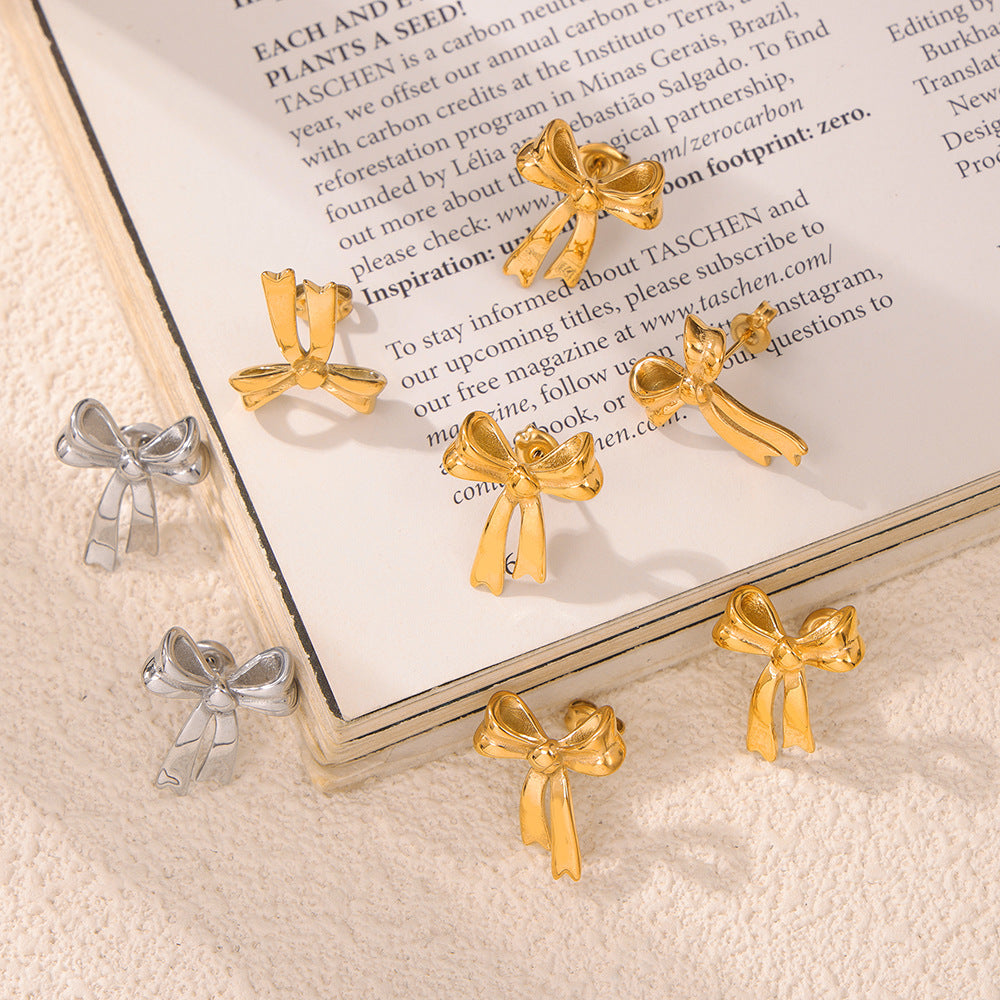 Simple, fresh and elegant, personalized design jewelry, geometric bow shape, titanium steel gold-plated versatile stud earrings