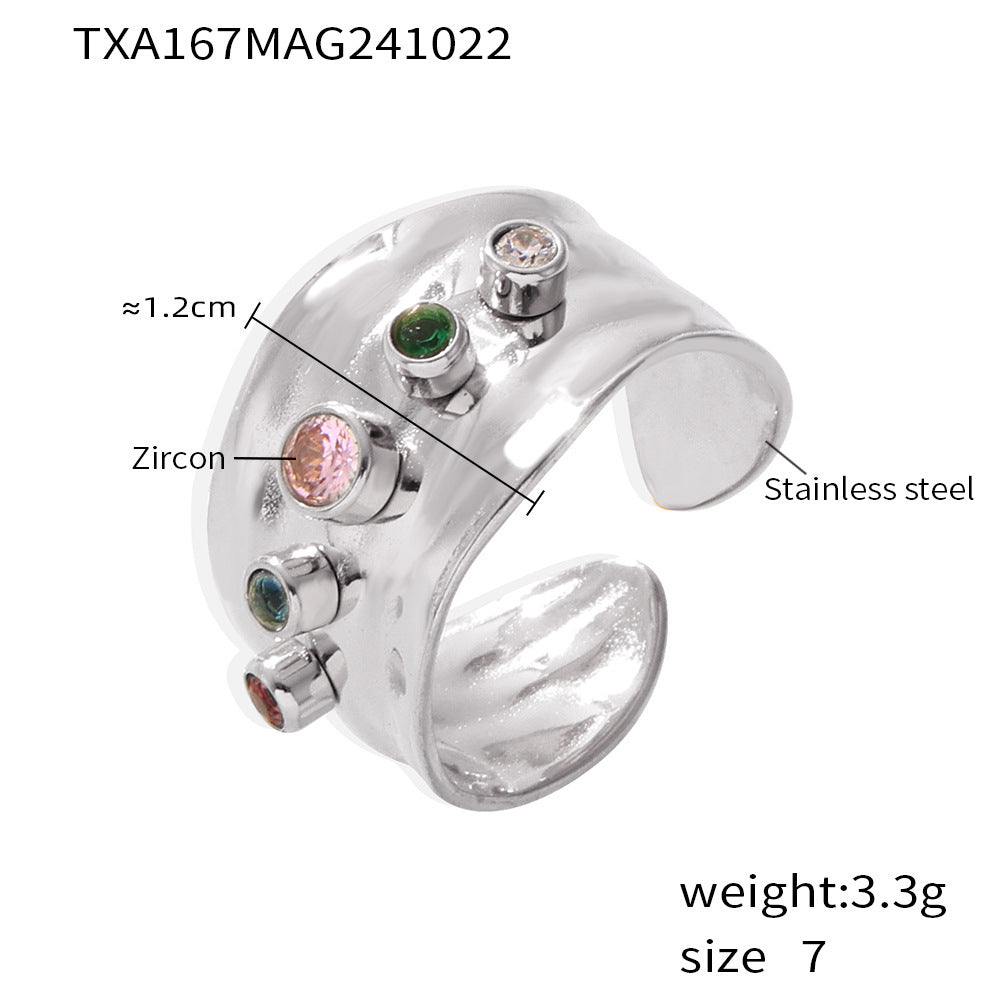 Mixed color zircon open ring women's C-shaped earrings stainless steel plated 18K real gold color retention jewelry set