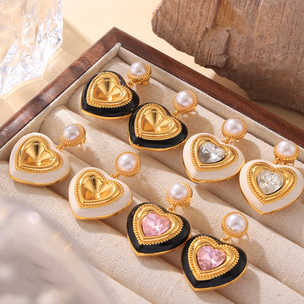 Imitation pearl love three-dimensional glass stone full stud earrings light luxury copper material hot-selling earrings 99