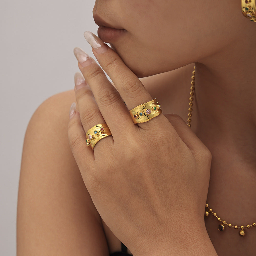 Mixed color zircon open ring women's C-shaped earrings stainless steel plated 18K real gold color retention jewelry set
