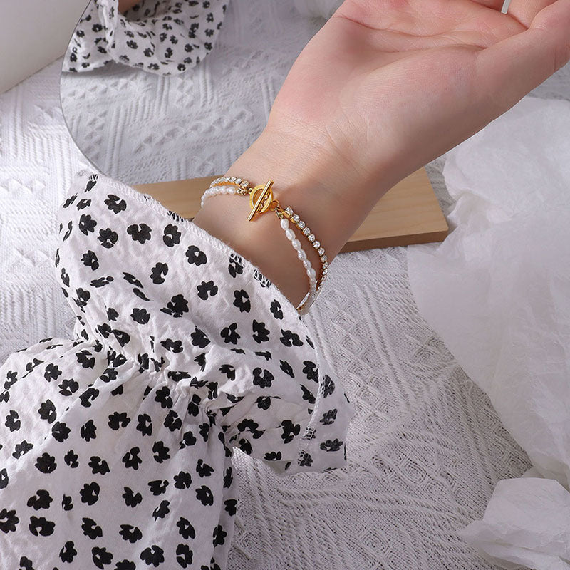 Simple, small and fresh double-layer titanium steel bracelet, freshwater pearl zircon 18K real gold jewelry, women's bracelet, women's pp.