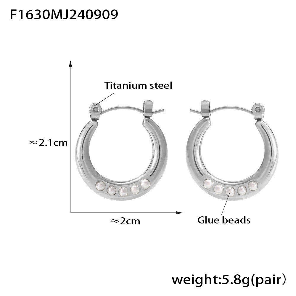 Geometric ring imitation pearl open earrings titanium steel plated 18K gold elegant light luxury non-fading earrings