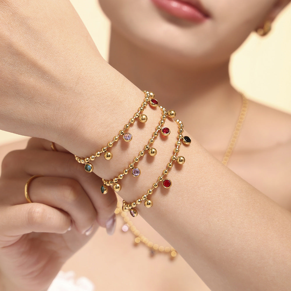 Colored glass round bead collarbone chain bracelet niche exquisite titanium steel plated 18k real gold set 99