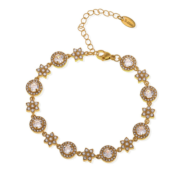 Super flash 5A zircon six-leaf flower round diamond heavy industry design bracelet stainless steel plated 18K real gold chain girl