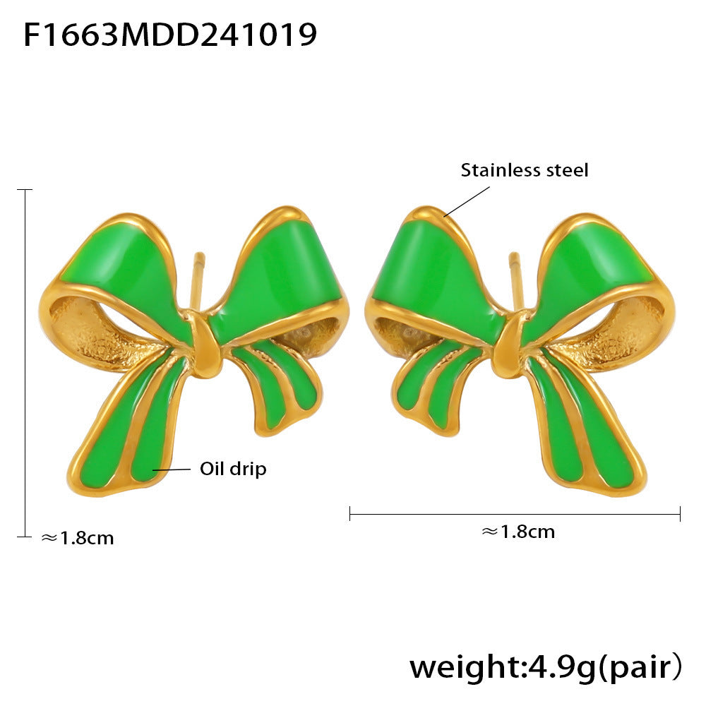 Delicate oil drip bow stud earrings light luxury oil painting texture stainless steel sweet earrings spot pp