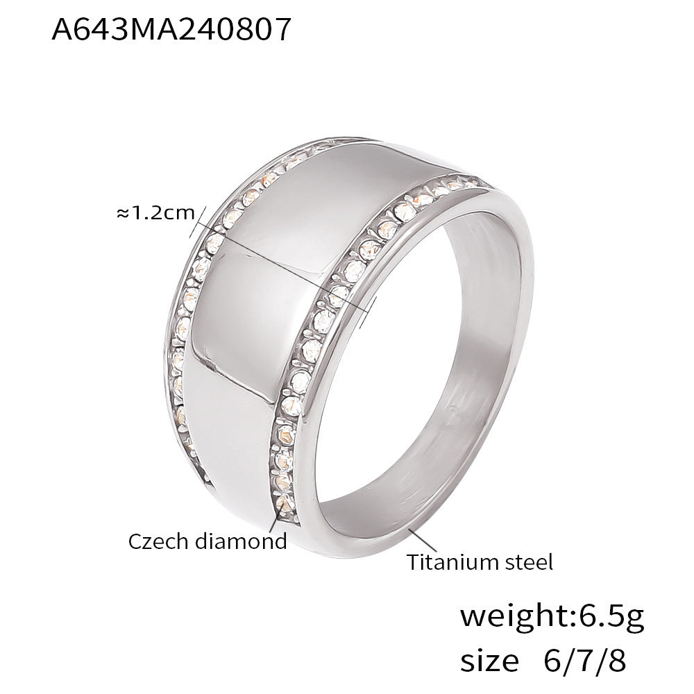 Smooth edged diamond ring simple light luxury titanium steel plated 18k real gold wide version ins wind hand jewelry pp