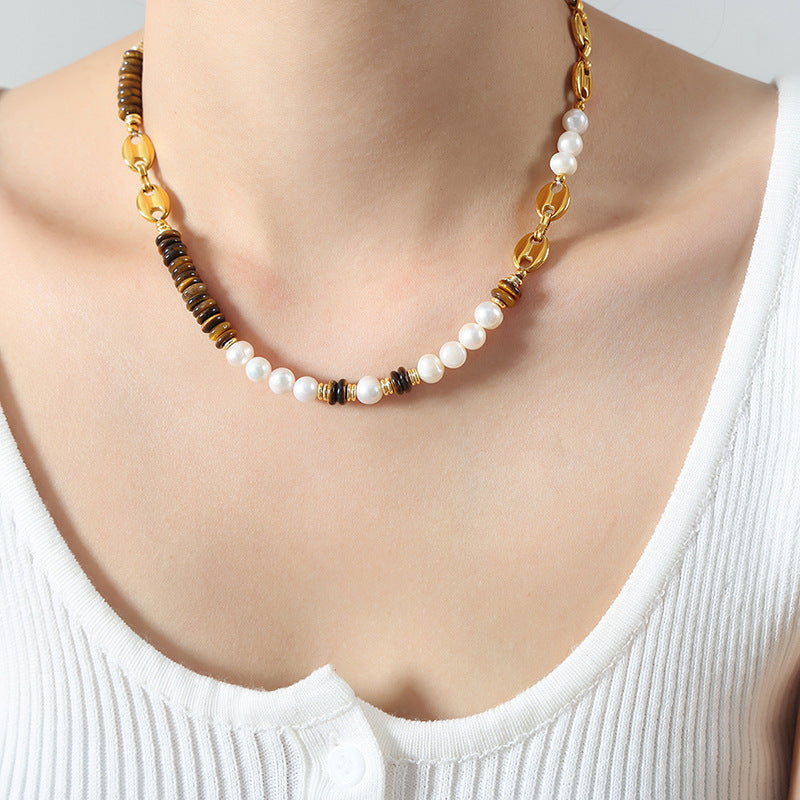 Versatile light luxury titanium steel freshwater pearl tiger's eye stone pig's nose chain necklace bracelet set jewelry women