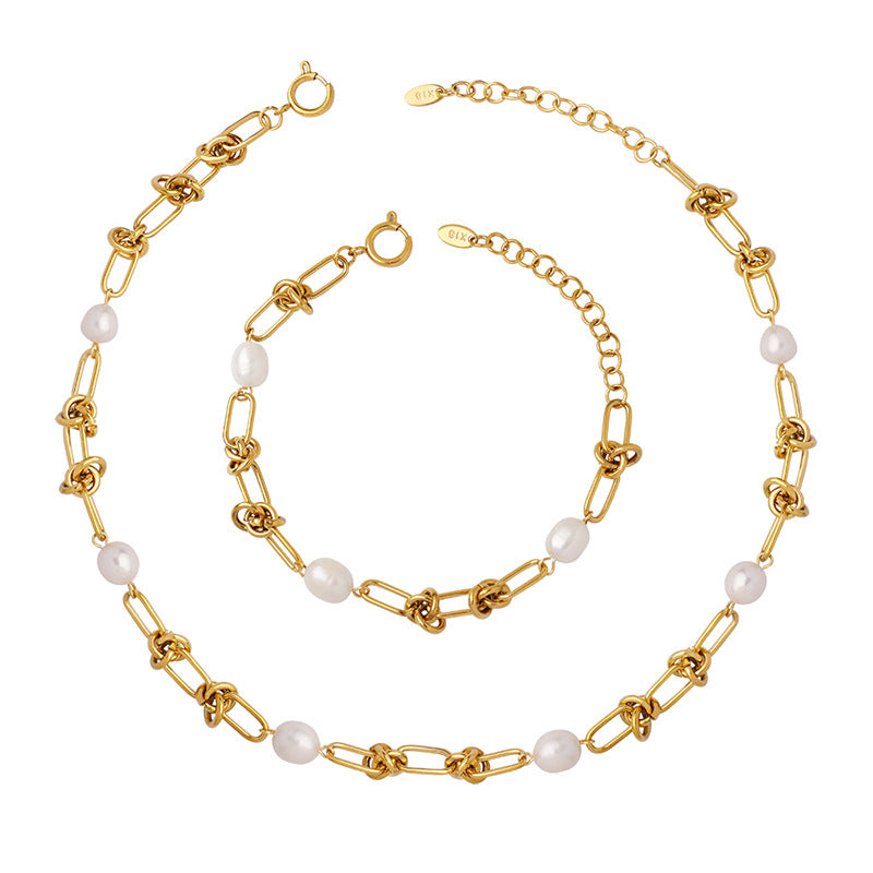 Titanium steel gold-plated retro elegance temperament freshwater pearl kinked chain necklace niche bracelet jewelry set 99