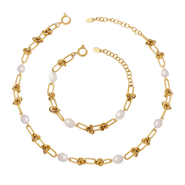 Titanium steel gold-plated retro elegance temperament freshwater pearl kinked chain necklace niche bracelet jewelry set 99