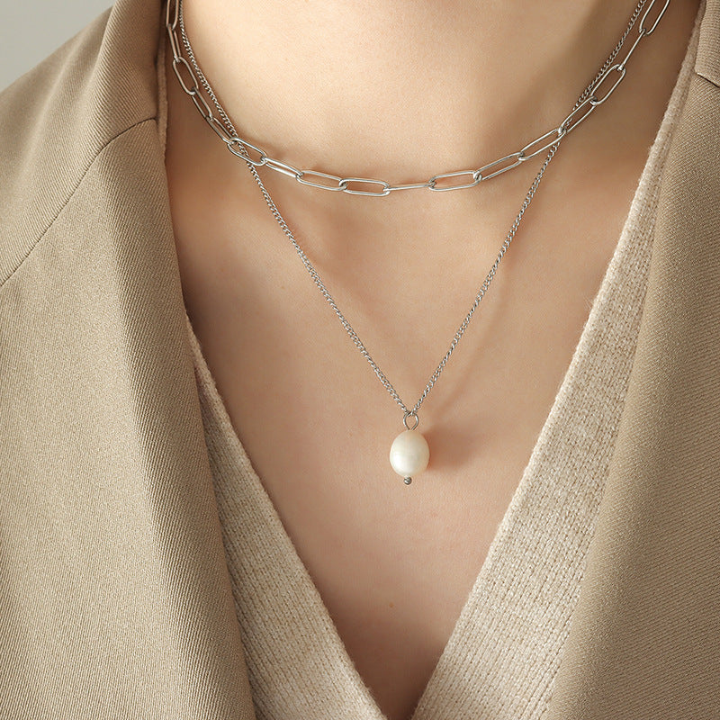 Trend cold wind freshwater pearl pendant multi-layer stacked necklace women's titanium steel collarbone neck chain P79199