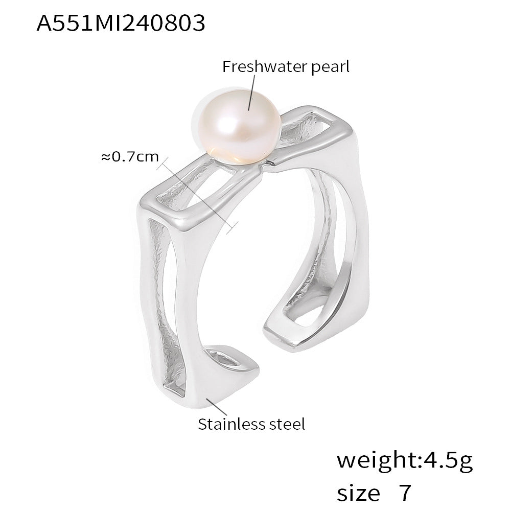 New gold square hollow pearl ring ins style niche open index finger ring stainless steel plated 18k gold 99