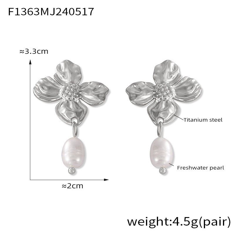 Temperament elegant freshwater pearl pendant earrings women's niche texture flower design temperament stud earrings