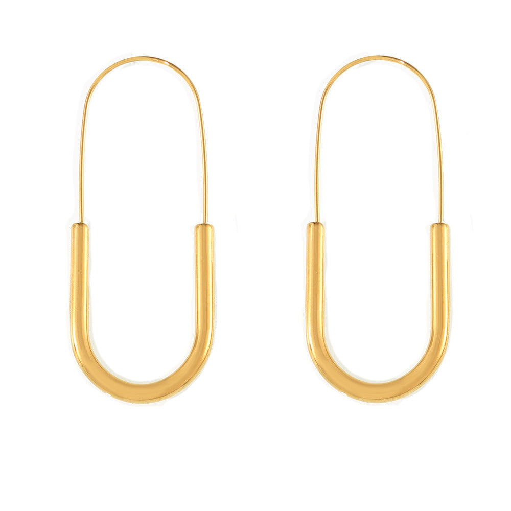 Cold wind new earrings gold paperclip ear hooks personalized simple titanium steel plated 18k real gold earrings