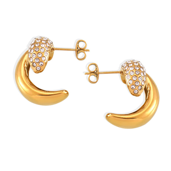Hot-selling crescent moon bending creative diamond stud earrings exquisite personalized titanium steel plated 18k real gold ear jewelry