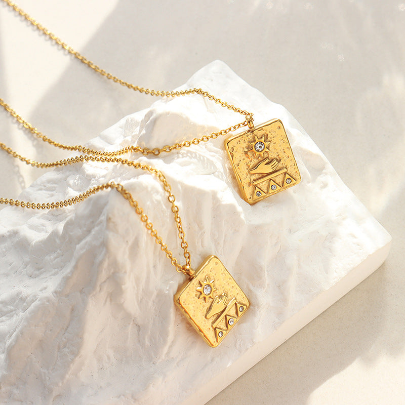 Ancient Egyptian relief hand rest sun square pendant inlaid with zircon necklace titanium steel plated 18K gold collarbone chain