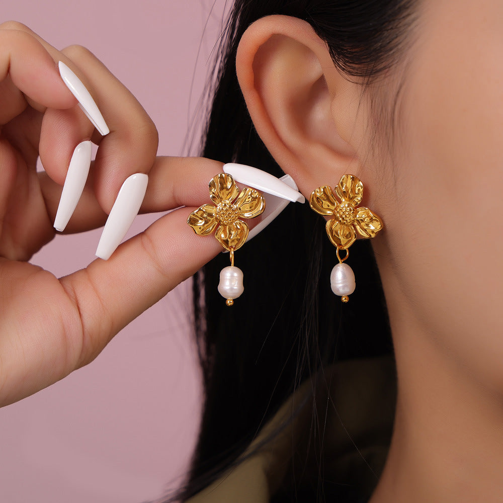 Temperament elegant freshwater pearl pendant earrings women's niche texture flower design temperament stud earrings